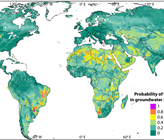 Die Karte zeigt flächendeckend, mit welcher Wahrscheinlichkeit die Fluoridkonzentration im Grundwasser über dem von der Weltorganisation für Gesundheit festgelegten Grenzwert liegt. Praktisch ganz Afrika und grosse Teile Asiens weisen eine potenziell gefährliche Fluoridbelastung auf. Eine interaktive Version der Karte ist auf der GIS-Plattform gapmaps.org verfügbar. (Bild: ©gapmaps.org)