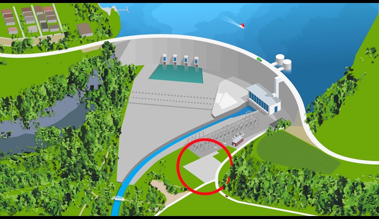 Plan de situation du barrage de Schiffenen. La zone où la centrale de production d'hydrogène vert est actuellement en construction est entourée en rouge.
