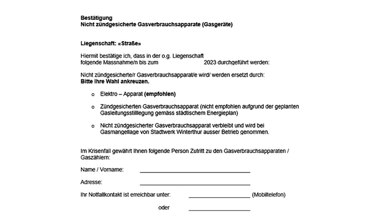 Fig. 3 Antwortbrief für den Eigentümer, ein Bestandteil der Informationsunterlagen, die von Stadtwerk Winterthur an alle Eigentümer von nicht zündgesicherten Herden verschickt wurden.