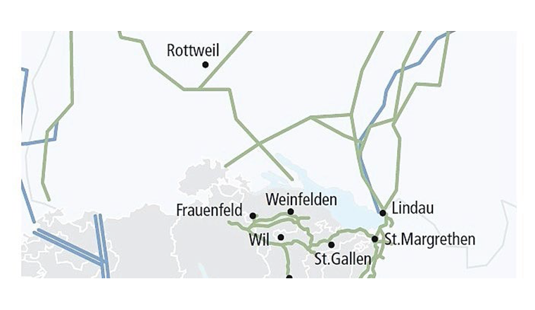 Blau: geplanter Ausbau Wasserstoffnetze. Grün: potenziell umrüstbares Gasnetz. (Bild: ©IHK-Thurgau)