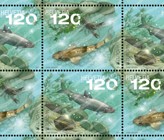 Die beiden neuen, ab Mai erhältlichen Briefmarken der Post zeigen bedrohte einheimische Arten aus dem Thunersee und dem Doubs. Ein Glanzlack sorgt für Wassereffekt. Gestaltet wurden die Sondermarken von Anne Seeger. (© Post CH Netz AG)