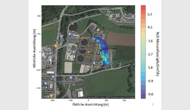 Fig. 4 - Gemessene Lachgasemissionen anhand der DFM-Methoden auf der ARA Hofen, dargestellt als Heatmap auf der Flugroute im Osten der ARA während Flug 6.
