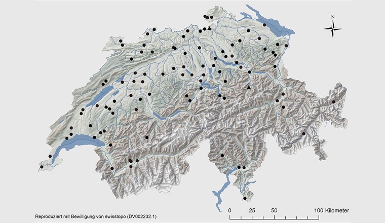 Rund 100 Bäche in der ganzen Schweiz wurden in der Studie untersucht. (Grafik: Ilg & Alther, 2024, überarbeitet)