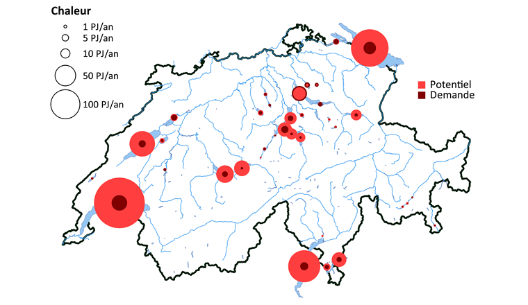 Fig. 2 Potentiel des lacs suisses pour l’extraction de chaleur, et demande régionale maximale. La surface des cercles est proportionnelle à la valeur correspondante.