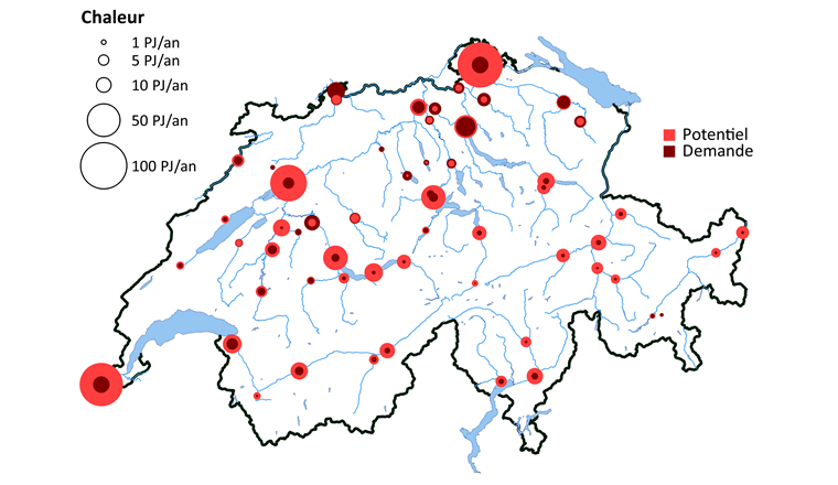 Fig. 4 Potentiel des rivières suisses pour l’extraction de chaleur, et demande régionale maximale. La surface des cercles est proportionnelle  à la valeur correspondante.