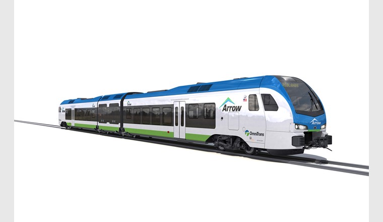 Schweizer Green-Tech für die USA: Stadler gewinnt ersten Vertrag für einen mit Wasserstoff betriebenen Zug. Der Wasserstoffzug FLIRT H2 soll ab 2024 im Fahrgastverkehr im südkalifonischen San Bernardino County eingesetzt werden.(Visualisierung: Stadler)