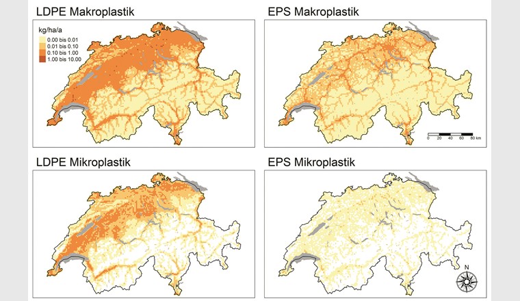 Geografische Verteilung der jährlichen Plastikemissionen auf Böden mit einer Auflösung von 10 × 10 km. Gezeigt sind LDPE-Makroplastik (oben links) und -Mikroplastik (unten links), EPS-
Makroplastik (oben rechts) und -Mikroplastik (unten rechts).