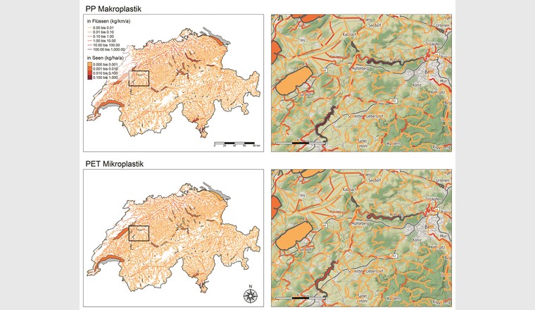 Geografische Verteilung der jährlichen Plastikemissionen von PP-Makroplastik (oben) und PET-Mikroplastik (unten) in Seen und Flüssen der Schweiz (links) und ein Kartenausschnitt (rechts).