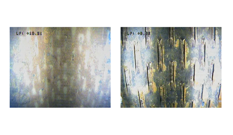 Fig. 2 Résultats d’une inspection par caméra avant (photo de gauche) et après le traitement par le procédé Hydropuls. À gauche: Partie supérieure d’une zone filtrante. Le floc bactérien recouvre l’ensemble des fentes, seuls leurs «fantômes» sont observés. À droite: Le colmatage a été entièrement enlevé. Les ouvertures de la crépine sont à nouveau bien dégagées.