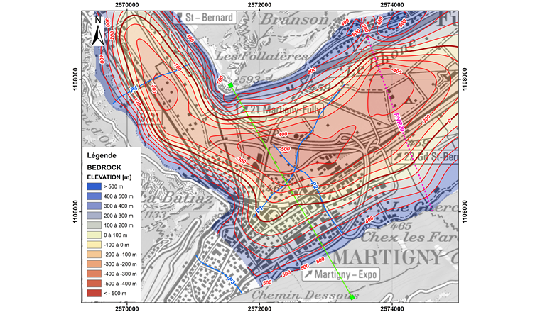 Fig. 4 Isohypses (rouge) du toit du soubassement rocheux dans le secteur du coude du Rhône à Martigny et situation des profils sismiques (bleu et rose).