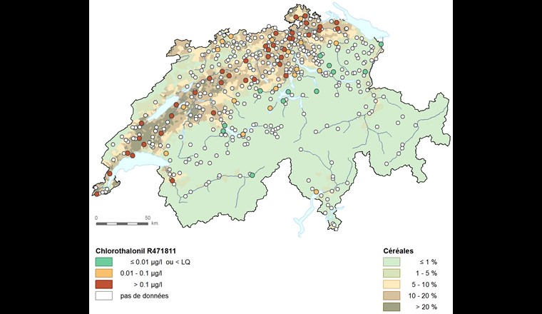 Fig. 2 L’étude menée entre 2017 et 2018 dans 70 stations de mesure NAQUA met en évidence la présence à grande échelle du métabolite du chlorothalonil R471811 et les nombreux dépassements des valeurs limites dans les eaux souterraines du Plateau.