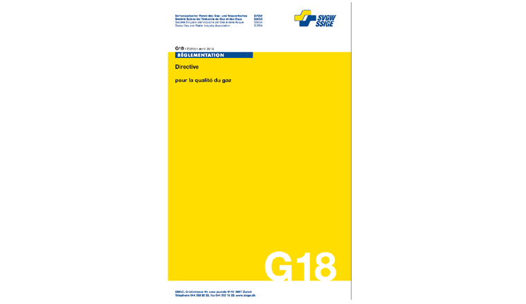 Fig. 3 Directive G18 «Qualité du gaz» (édition 2013). La directive définit les exigences relatives aux qualités du gaz et les conditions-cadres à respecter pour l’exploitation sécurisée et fiable des réseaux de gaz ainsi que des dispositifs au gaz et de transbordement utilisés et raccordés, y compris les installations au gaz associées.