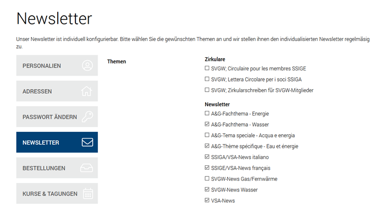 Screenshot 3: Nell’account aperto sulla piattaforma SSIGA è possibile, sotto «Newsletter», effettuare la configurazione per lingua e tematiche.