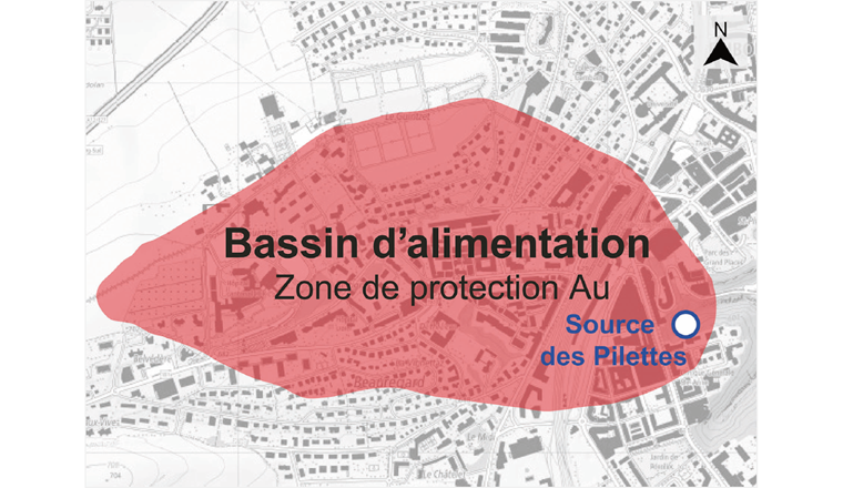 Fig. 2 Bassin d’alimentation de la Source des Pilettes à Fribourg. (map.geo.fr.ch)