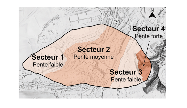 Fig. 6 Relief de terrain avec secteurs de pentes considérés (tab. 2; © swisstopo BA20061 et État de Fribourg).