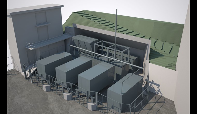 Der Bau der Wasserstoff-Produktionsanlage im St. Galler Kubel hat begonnen: 3D-Visualisierung der Anlage,  die zwischen dem Unterwerksgebäude des Wasser- und Speicherkraftwerks Kubel und einem Pfeiler des Sitterviadukts entsteht. (© Wasserstoffproduktion Ostschweiz AG)