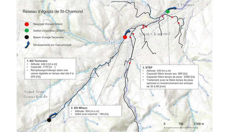 Fig. 1 Réseau d’égout de St-Chamond et ses trois ouvrages sur l’axe principal.