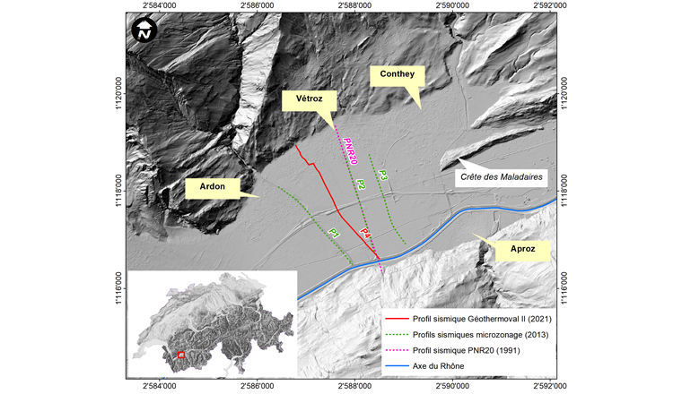 Fig. 1 Situation des profils sismiques réalisés dans la région de Vétroz–Ardon. (Fond de carte: source © swisstopo)