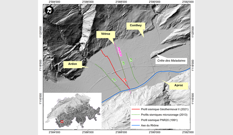 Fig. 1 Situation des profils sismiques réalisés dans la région de Vétroz–Ardon. (Fond de carte: source © swisstopo)