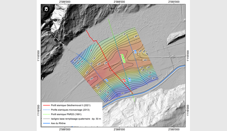 Fig. 5 Carte de l’altitude de la base du remplissage quaternaire (toit du substratum rocheux) dans le secteur de Vétroz–Ardon. (Fond de carte: source © swisstopo)