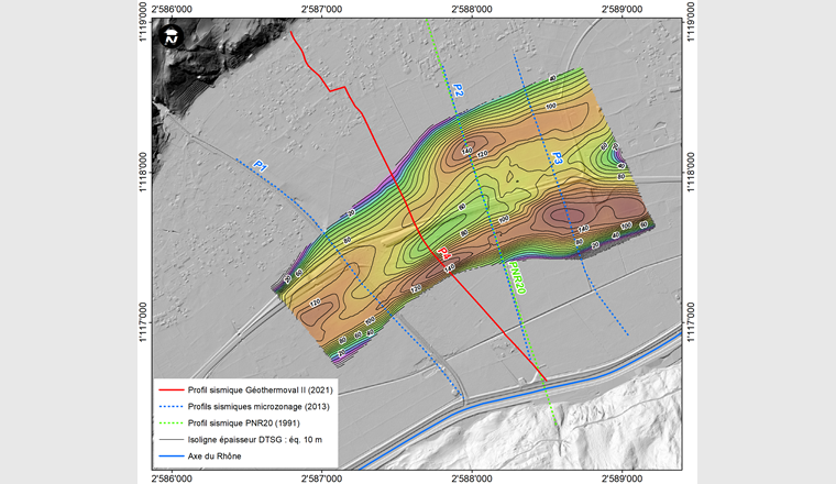 Fig. 6 Carte de l’épaisseur des dépôts torrentiels sous-glaciaires (DTSG) dans le secteur de Vétroz–Ardon. (Fond de carte: source © swisstopo)