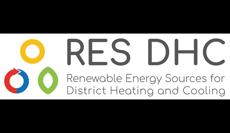Fig. 1 Logo du projet européen RES-DHC, financé par le programme de recherche et d'innovation Horizon 2020 de l'Union européenne sous la convention de subvention n° 952873. Les trois symboles représentent la chaleur solaire et environnementale (jaune), la chaleur résiduelle (rouge-bleu) et la biomasse (vert) et sont censés symboliser l'énergie sans CO2 dans les réseaux thermiques.