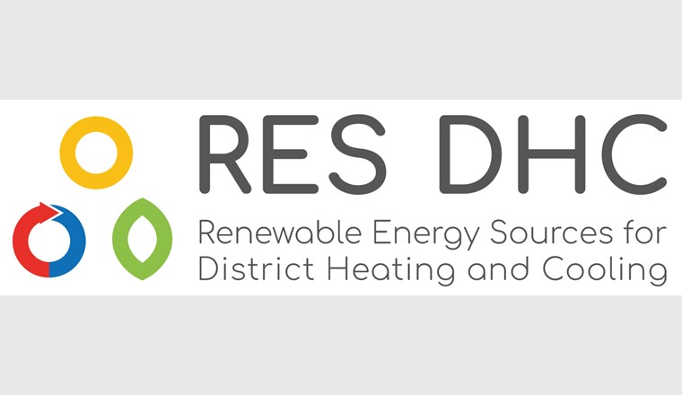 Fig. 1 Logo du projet européen RES-DHC, financé par le programme de recherche et d'innovation Horizon 2020 de l'Union européenne sous la convention de subvention n° 952873. Les trois symboles représentent la chaleur solaire et environnementale (jaune), la chaleur résiduelle (rouge-bleu) et la biomasse (vert) et sont censés symboliser l'énergie sans CO2 dans les réseaux thermiques.