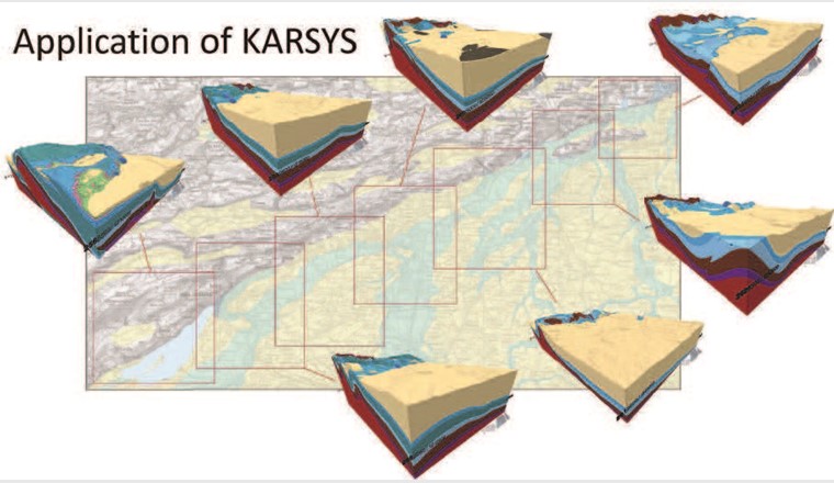 Fig. 3 Untersuchungsgebiet zwischen Neuveville (BE) und Aarau (SO) mit den KARSYS-Modellen für die sieben Teilabschnitte. (Hintergrund aus Swisstopo, map.geo.admin)