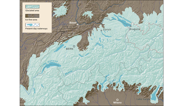 Fig. 1 Reconstitution de l’extension des glaces à l’apogée de la dernière période glaciaire, il y a 26’000-20'000 ans. Tous les grands lacs actuels étaient recouverts par des glaciers. D’après une publication de l’office autrichien de la géologie (Geologische Bundesanstalt (Hrsg.) (2013): Der Alpenraum zum Höhepunkt der letzten Eiszeit - Posterkarte. Geologische Bundesanstalt, Wien).