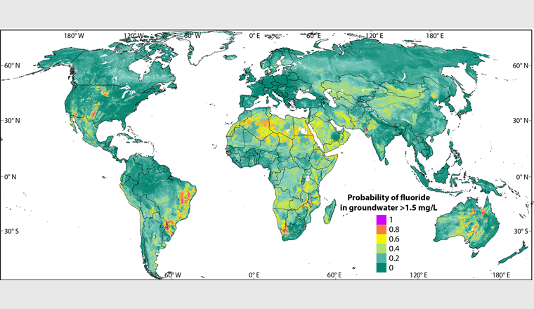 Die Karte zeigt flächendeckend, mit welcher Wahrscheinlichkeit die Fluoridkonzentration im Grundwasser über dem von der Weltorganisation für Gesundheit festgelegten Grenzwert liegt. Praktisch ganz Afrika und grosse Teile Asiens weisen eine potenziell gefährliche Fluoridbelastung auf. Eine interaktive Version der Karte ist auf der GIS-Plattform gapmaps.org verfügbar. (Bild: ©gapmaps.org)