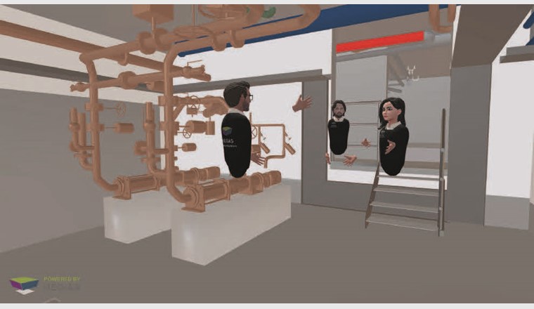 Fig. 1 Ein virtueller Rundgang durch das Modell durch die VR-Brille betrachtet. Die anderen User sind als «Avatare» sichtbar.