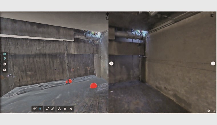 Synchrone Darstellung von Mesh (Aufnahme mit mobilem Laserscanner) auf der linken Seite und 360°-Bild auf der rechten Seite.