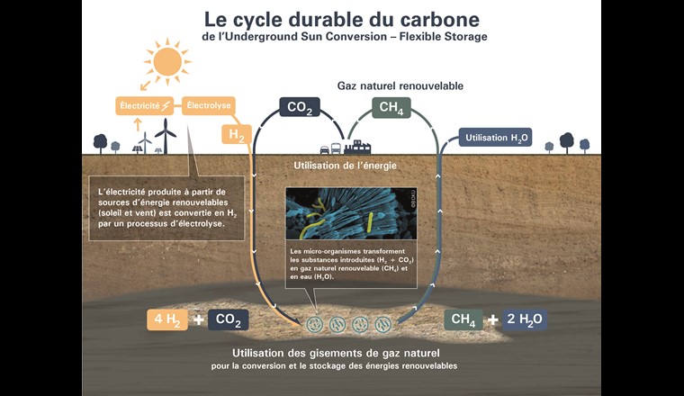 Fig. 2 Représentation schématique d’une installation dans laquelle l’hydrogène (H2) et le dioxyde de carbone (CO2) sont stockés dans des couches de roches poreuses d’un ancien gisement de gaz naturel, où ils sont transformés en méthane (CH4) et en eau (H2O) par des micro-organismes. (Illustration: RAG Austria AG)