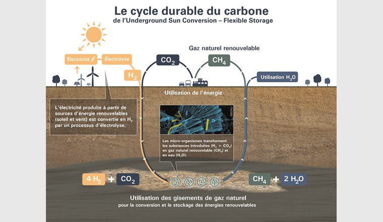 Fig. 2 Représentation schématique d’une installation dans laquelle l’hydrogène (H2) et le dioxyde de carbone (CO2) sont stockés dans des couches de roches poreuses d’un ancien gisement de gaz naturel, où ils sont transformés en méthane (CH4) et en eau (H2O) par des micro-organismes. (Illustration: RAG Austria AG)