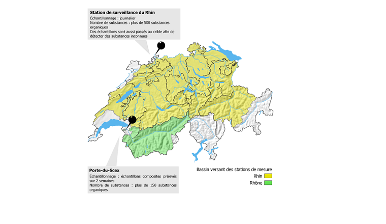 Fig. 2 Vue d'ensemble du bassin versant analysé par la station de surveillance du Rhin à Weil-am-Rhein près de Bâle et par la station de mesure de la Porte-du-Scex. (Source de la carte de la Suisse: Office fédéral de la topographie)