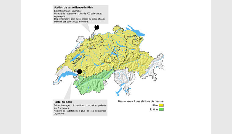 Fig. 2 Vue d'ensemble du bassin versant analysé par la station de surveillance du Rhin à Weil-am-Rhein près de Bâle et par la station de mesure de la Porte-du-Scex. (Source de la carte de la Suisse: Office fédéral de la topographie)