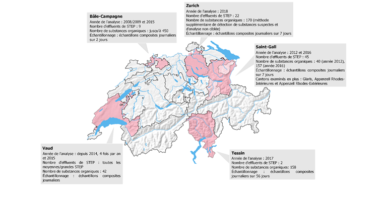 Fig. 5 Aperçu des études sur les effluents de STEP dans différents cantons [14-22].