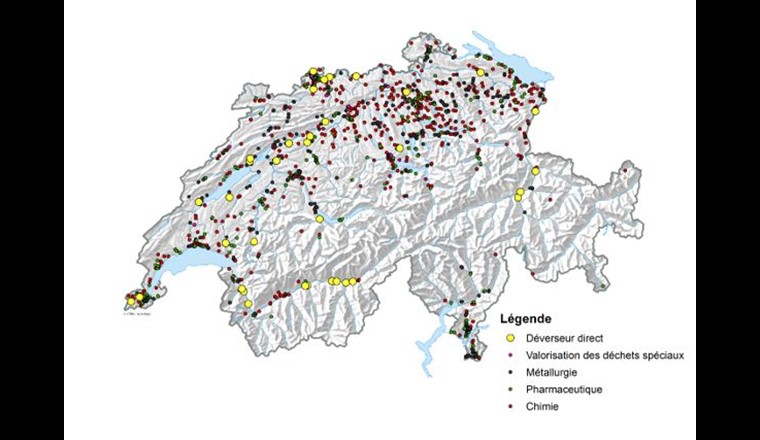 Fig. 7 Vue d'ensemble géographique des entreprises qui déversent directement et indirectement leurs eaux usées en Suisse. (Sources: carte de la Suisse de l’Office fédéral de la topographie Déchets spéciaux: https://vbsa.ch/categories-de-traitement/dechets-speciaux/?lang=fr; Données sur les déverseurs directs: collecte auprès des cantons; autres données: OFS – GWS, HESTA, ETS, AVOL)