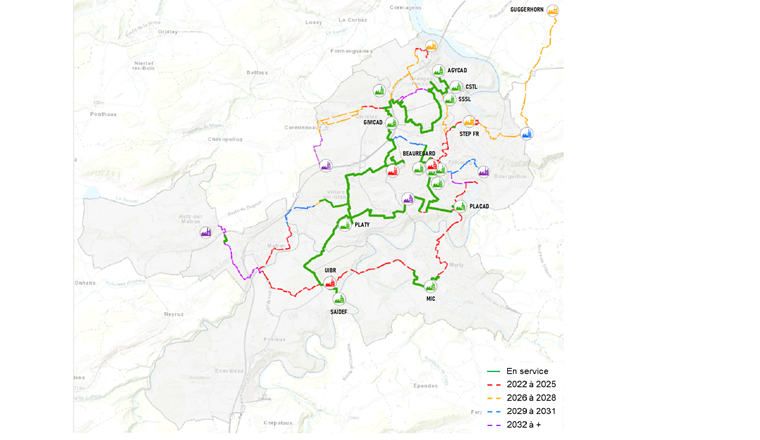 Fig. 1 La mise en service en 2001 de l’usine d’incinération des ordures ménagères Saidef au sud-est de Fribourg a constitué un jalon essentiel pour le développement du réseau. Une douzaine d’autres «noyaux» CAD urbains ont été construits les années suivantes dans le Grand Fribourg. La mise en réseau de tous ces noyaux est en cours et représente un point-clé du programme de Groupe E Celsius.