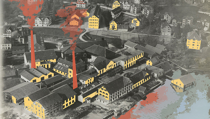 Historisches Foto vom Horn Richterswil am Ufer des Zürichsees. (Bild: ©https://ba.e-pics.ethz.ch/catalog/ETHBIB.Bildarchiv/r/581286, bearbeitet von Water Science Policy)