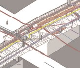 Fig. 3 Modell mit bestehenden und projektierten Werkleitungen. Die Blickrichtung erfolgt von unter der Strasse (Bildschirmausschnitt Revit). Fig. 3 Modell mit bestehenden und projektierten Werkleitungen. Die Blickrichtung erfolgt von unter der Strasse (Bildschirmausschnitt Revit).