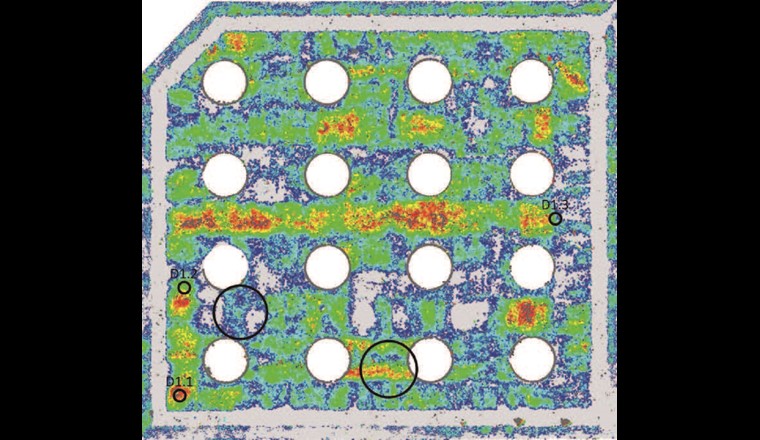 Fig. 7 Zweite Auswertung Beschichtungsdicke Decke ohne Fehler (eingekreist, andere Farbskala).