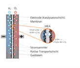 Schema einer AEM-Elektroysezelle: Das Herzstück ist die Membran-Elektroden-Einheit (MEA), die aus der Anionen-leitenden Membran und den unmittelbar verbundenen Elektroden besteht. (Bild: © Fraunhofer IFAM)