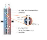 Schema einer AEM-Elektroysezelle: Das Herzstück ist die Membran-Elektroden-Einheit (MEA), die aus der Anionen-leitenden Membran und den unmittelbar verbundenen Elektroden besteht. (Bild: © Fraunhofer IFAM) Schema einer AEM-Elektroysezelle: Das Herzstück ist die Membran-Elektroden-Einheit (MEA), die aus der Anionen-leitenden Membran und den unmittelbar verbundenen Elektroden besteht. (Bild: © Fraunhofer IFAM)
