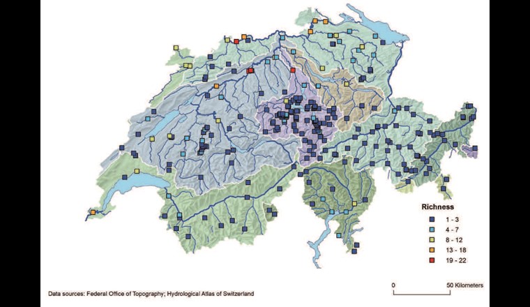 Fig. 5 Taxareichtum in den untersuchten Gewässern der Schweiz.