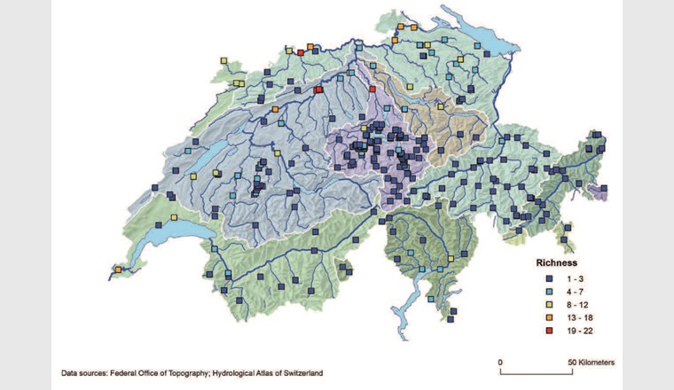 Fig. 5 Richesse en taxons des cours d'eau étudiés en Suisse.