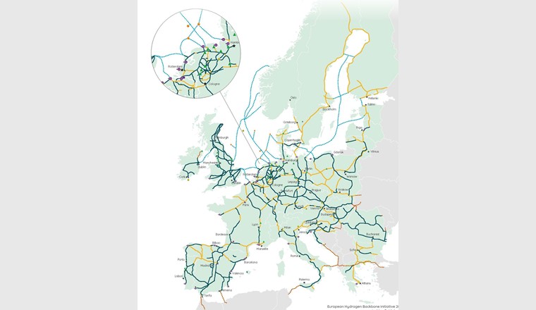 Fig. 3 Zielbild 2040 des europäischen Transportnetzes für Wasserstoff «European Hydrogen Backbone» (Stand Februar 2023).(Quelle: https://ehb.eu/)