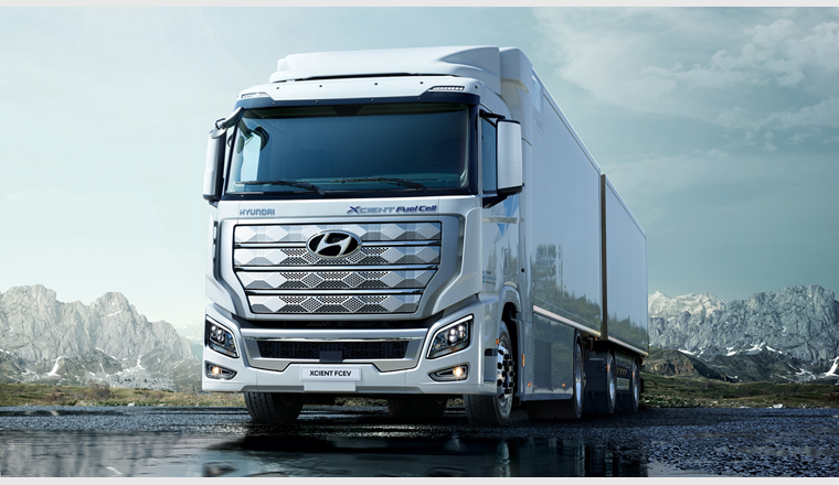 Fig. 2 En 2020, Hyundai Motor a lancé sur le marché le camion à hydrogène XCIENT Fuel Cell. Entre-temps, une cinquantaine d’exemplaires sont déjà en service en Suisse. (© Hyundai Hydrogen Mobility AG)