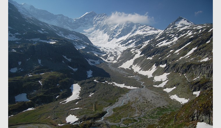 Ein Gletscherbach schlängelt sich durch die Felder des Odenwinkelkees, Hohen Tauern, Österreich. Je weiter sich der Gletscher zurückzieht, umso wärmer wird das Wasser im unteren Teil des Flusses.
(Foto: ©Lee Brown)