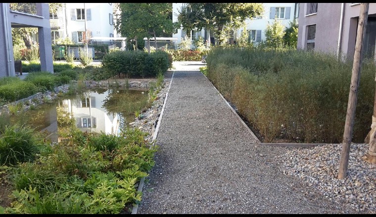 Fig. 1 : Pour un développement du milieu bâti adapté au climat, les eaux pluviales doivent être retenues dans l’espace urbain, évaporées, évacuées sans danger et utilisées comme élément d’aménagement.